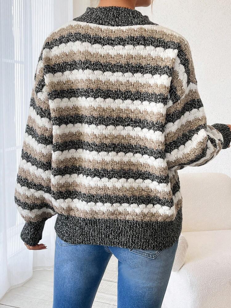 Striped Sweater With Stand Collar And Drop Shoulder Sleeves Knit Pullover Fall Winter Sweater