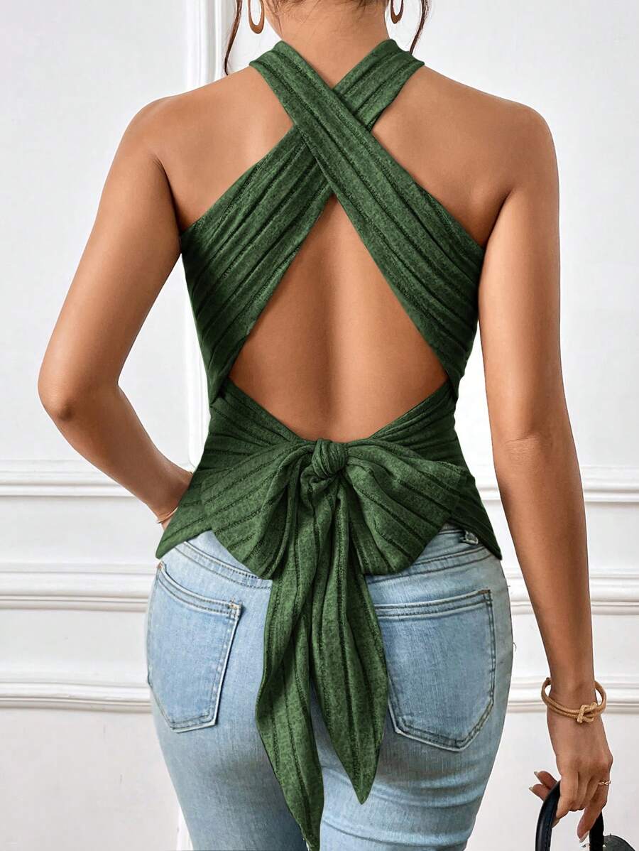 SHEIN Essnce Của phụ nữ Không lưng Halter Neck Áo Với Dây đeo - Màu xanh lá cây đậm - Xem 1