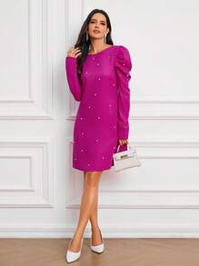 SHEIN Clasi Ngọc trai đính cườm Tay áo Đầm - Màu Hồng Tươi - Xem 3