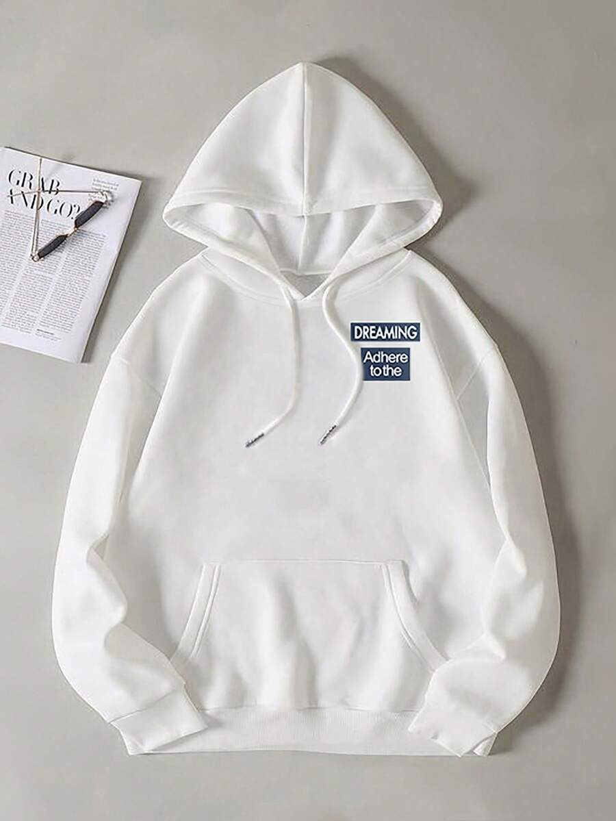 Đồ họa Chữ cái Túi kangaroo Thả vai Dây rút Hoodie - trắng - Xem 1