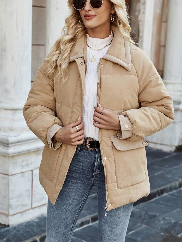 Solid Color Zipper Padded Padded Coat Clothes Winter With Raglan Sleeve Fall Cloth For Women