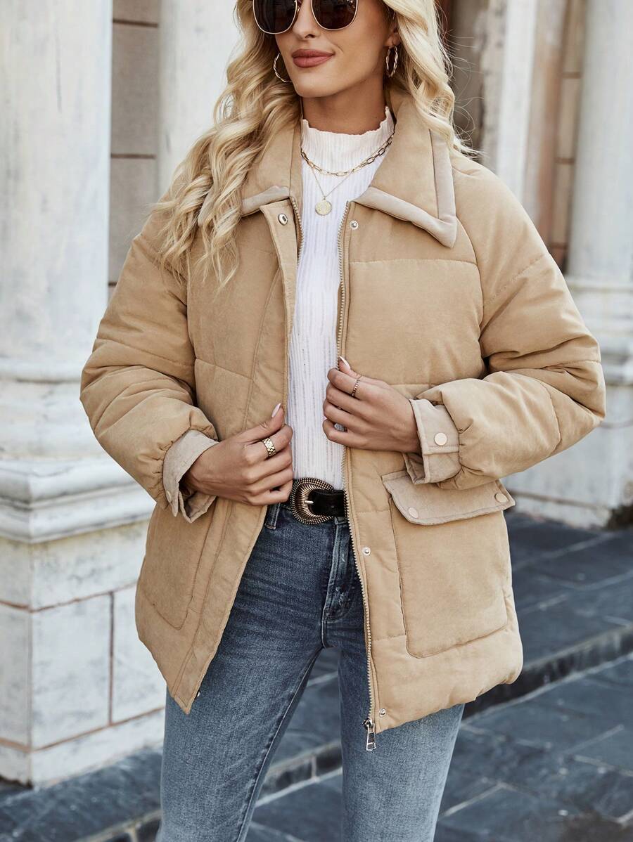 SHEIN LUNE 纯色拉链加厚棉服冬季插肩袖 - 卡其色 - 查看 1