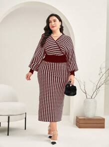 Modelyn Burgundy Red Plus Size Batwing Sleeve Sweater Dress In Houndstooth Pattern - Burgundy - View 1