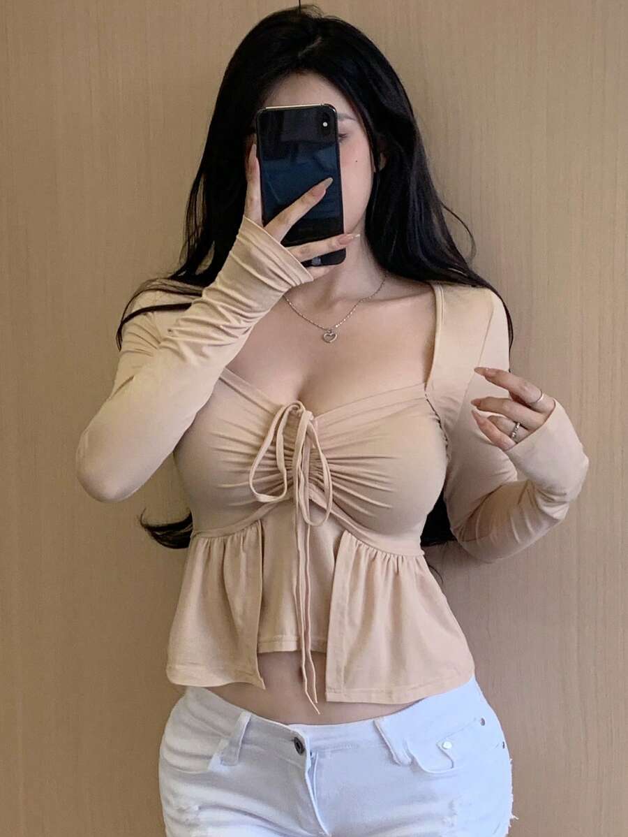 Dazy Star Women's Sweetheart Neckline Drawstring Long Sleeve T-Shirt,Ruffle - Khaki - View 1