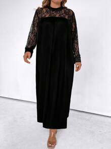 SHEIN LUNE 大碼蕾絲拼接長袖連衣裙 - 黑色 - 查看 3