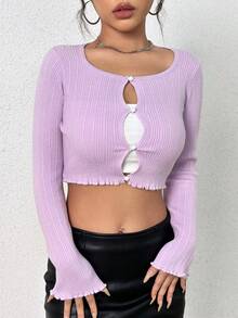 SHEIN Qutie Women'S Solid Color Ribbed Cardigan With Button Closure - Lilac Purple - View 4