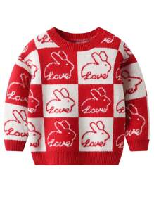 SHEIN Girls' Color Block Rabbit Pattern Sweater - Red - View 1