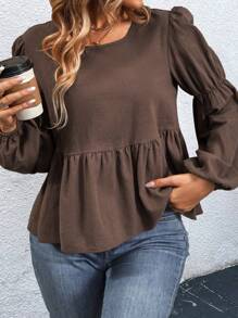 SHEIN LUNE 大码灯笼袖上衣，配荷叶边下摆荷叶边上衣 - 咖啡棕 - 查看 1