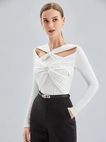 BizChic Women's Hollow Out Pleated Long Sleeve T-shirt - White - View 8