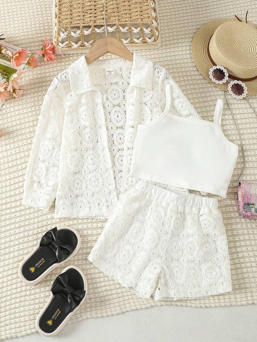 Elladie kids Cô Gái Trẻ Giải trí Kỳ nghỉ Màu thuần Ren Áo sơ mi , Quần short Và Áo ba lỗ Áo vest - trắng - Xem 1