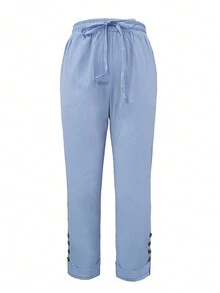 Jisfaneya Solid Color Button Pocket Straight Leg Pants With Lace Patchwork And Pleated Effect, Casual Straight Fit, Light Blue, Versatile For Spring/Summer - Baby Blue - View 3