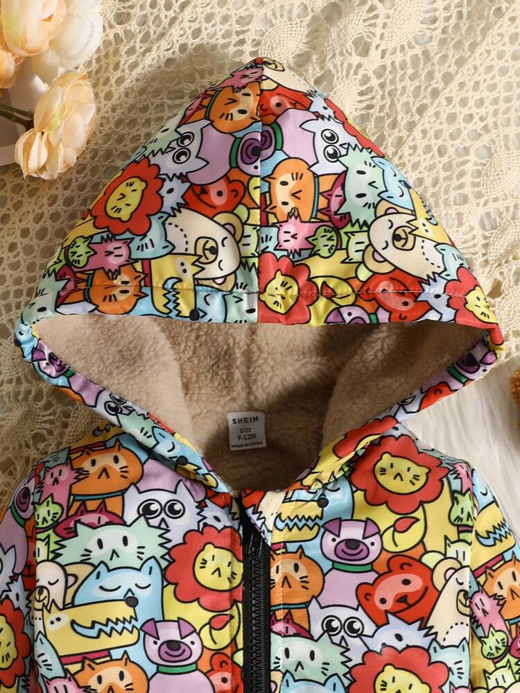 Fashionable Baby Boys' Casual Cartoon Printed Hooded Zip-up Jacket