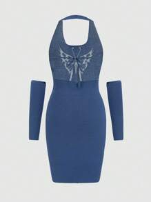 SHEIN Unity Butterfly Patterned Halter Sweater Dress And Sleeves - Navy Blue - View 2