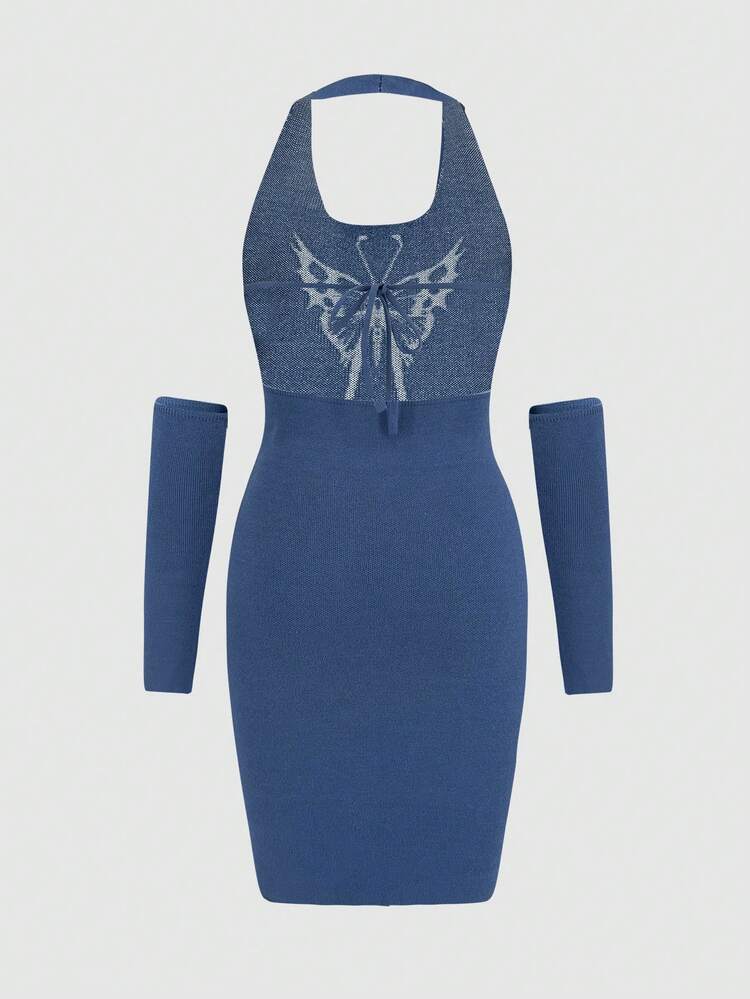 Butterfly Patterned Halter Sweater Dress And Sleeves