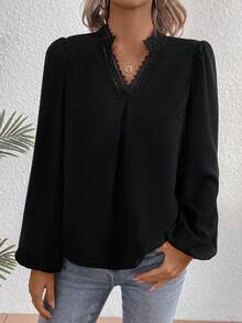 SHEIN Clasi Lace Spliced Lantern Sleeve Shirt - Black - View 4