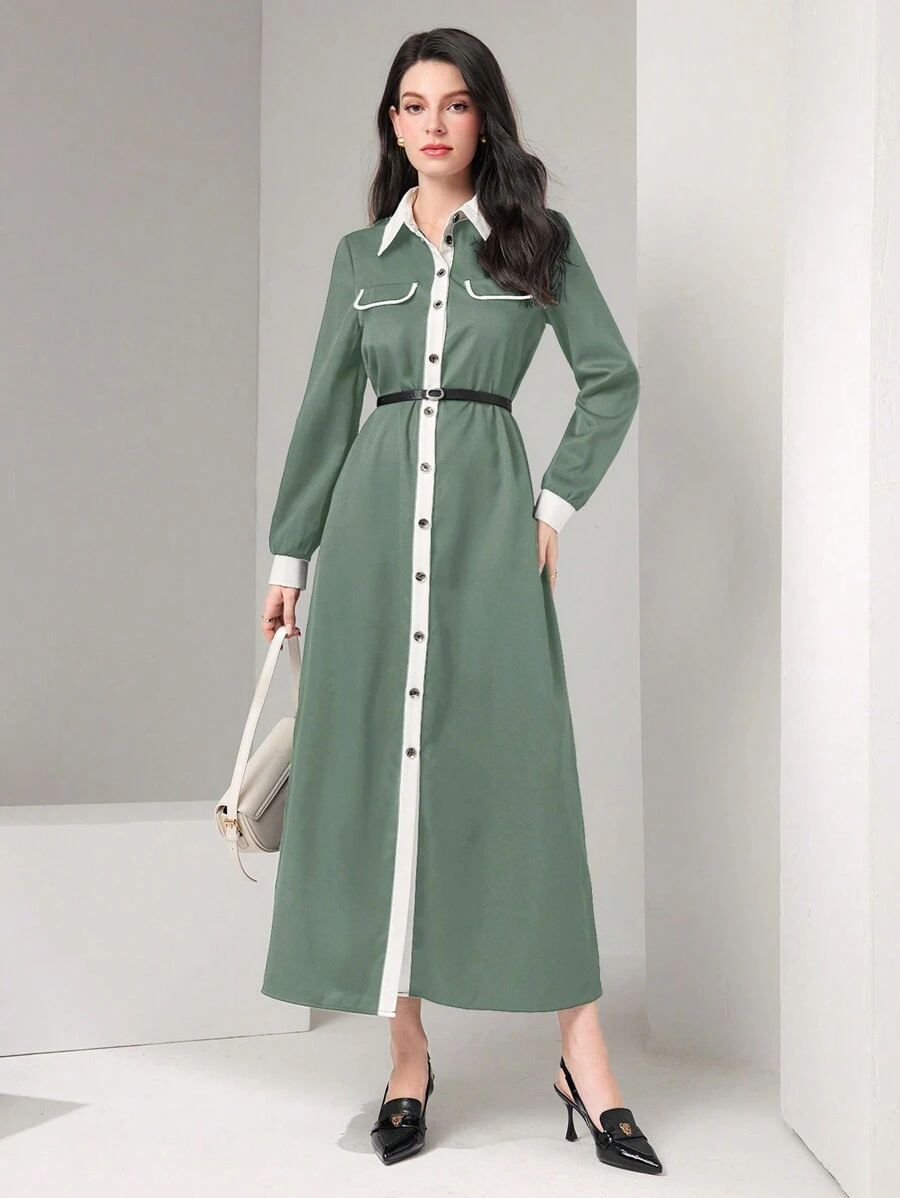 Mulvari Color Block Shirt Dress With Flap Detail And Edged Trim (belt ...