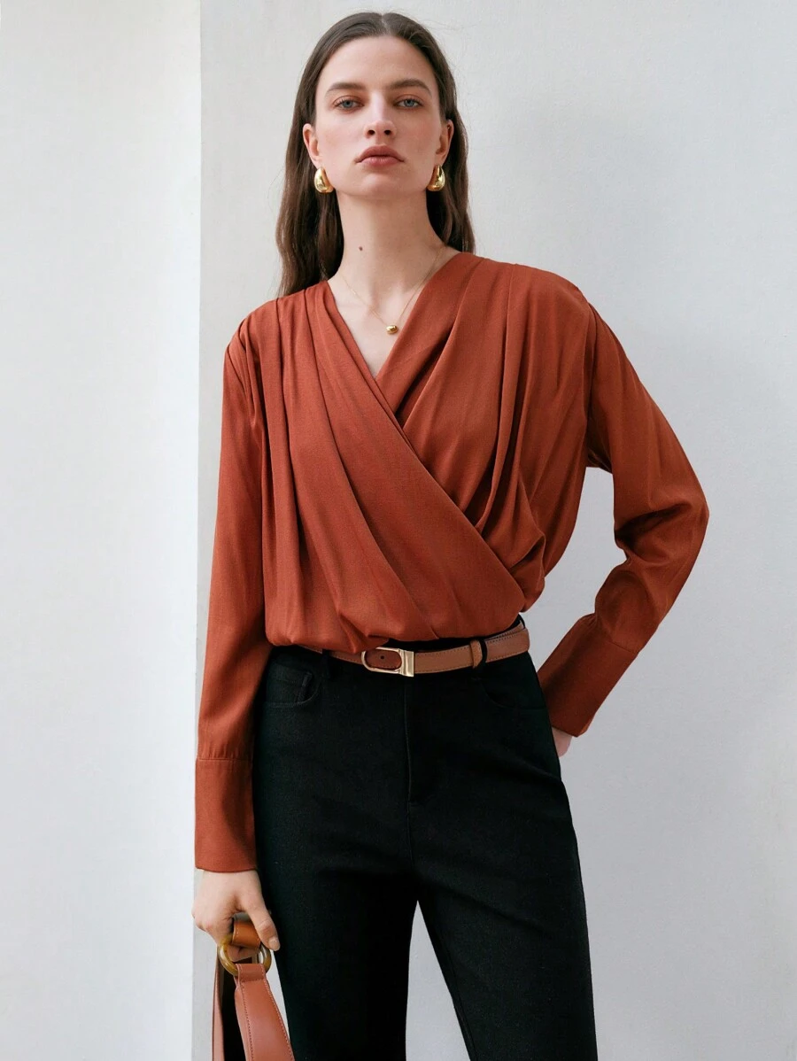 Anewsta Xếp li Áo choàng mặt trước Tay áo dài Áo - màu nâu - Xem 1