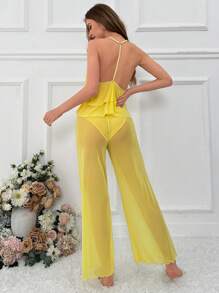 Women's Mesh Applique Halter Sleepwear Set Pajama Set - Yellow - View 2