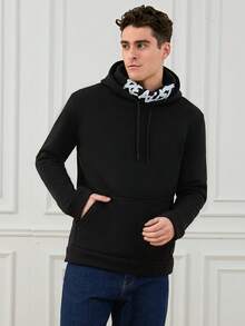 RueChic Men's Double Layer Crew Neck Simple English Text Print Hoodie - Black - View 7