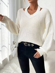 SHEIN LUNE Solid Color Hollow Out Casual Sweater With Drop Shoulder