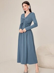 Seusyu Women's Twisted Knot Pleated Long Sleeve Dress - Dusty Blue - View 5