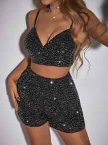 SHEIN Allurite 閃耀背心上衣和褲子套裝 - 黑色 - 查看 6