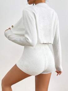 SHEIN LUNE Women's Short Cardigan And Knitted Shorts Set - White - View 2