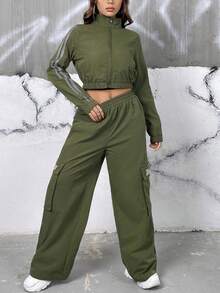 SHEIN EZwear 女性字母側條紋拉鍊連帽衫和翻蓋口袋長褲兩件套套裝 - 軍綠色 - 查看 5