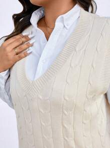 SHEIN LUNE Plus Size Cable Knit Sweater Vest And Shorts Set - Apricot - View 3