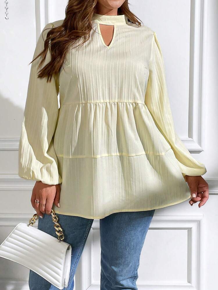 Plus Size Solid Color Keyhole Neck Lantern Sleeve Doll Blouse
