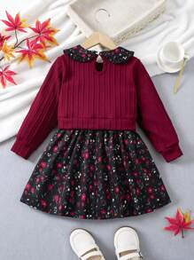 SHEIN Elladie kids 年輕女孩對比色拼接花卉彼得潘領兩合一裙