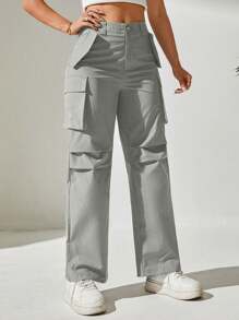 SHEIN PETITE Women's Solid Color Flap Pocket Long Pants - Light Grey - View 4