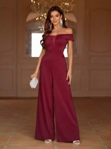SHEIN Belle Bordeauxrode dames off shoulder jumpsuit met wijde pijpen