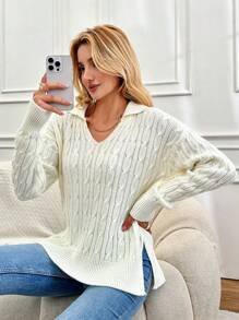 EURMUSE V-Neck Drop Shoulder Cable Knit Sweater - Beige - View 1