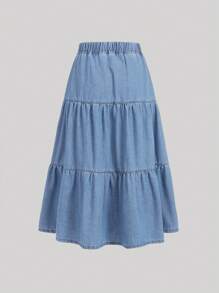 SHEIN Falda de mezclilla con borde de volantes para chicas adolescentes - Azul lavado medio - Ver 2
