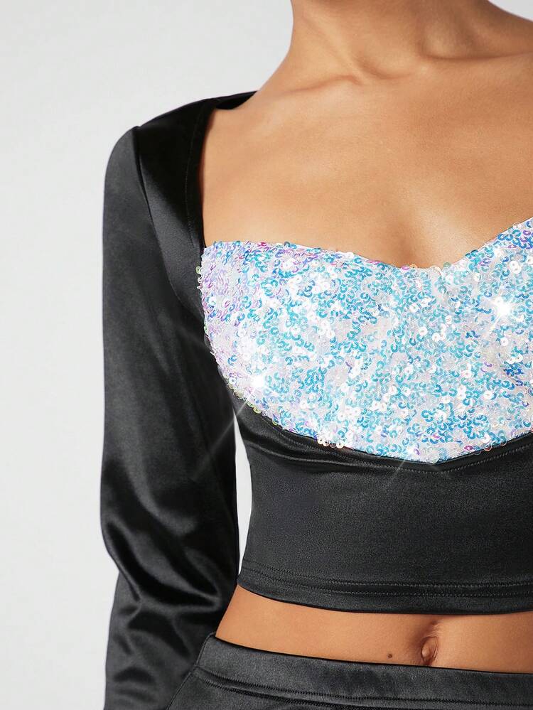 Sequin Contrast Crop Top & Skirt Two Piece Set
