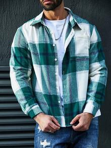 SHEIN Manfinity Homme Camisa De Manga Larga A Cuadros De Talla Grande Para Hombre - Verde - Ver 3