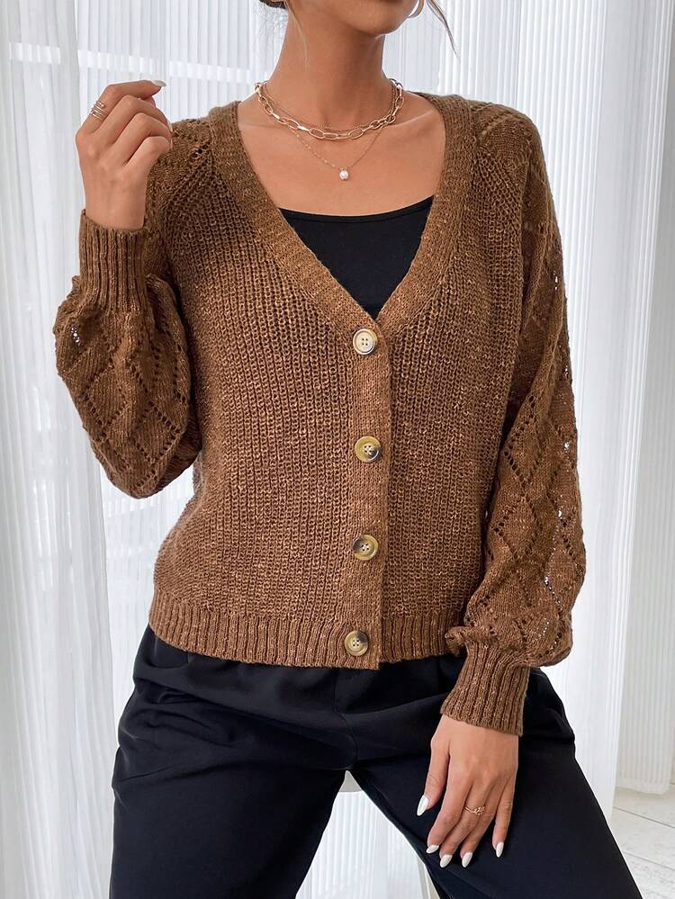 Women'S Solid Color Knit Patchwork Raglan Sleeve Cardigan With Dots Fall Cloth For Women