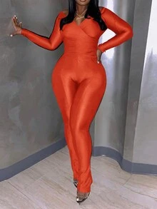 2 件套女式纯色 V 领褶皱修身拇指孔长袖上衣和裤子套装 - 橘色 - 查看 5