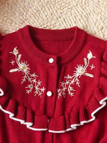 Baby Girls' Knitted Cardigan With Floral Embroidery & Ruffle Trim And Pants Set - Burgundy - View 3
