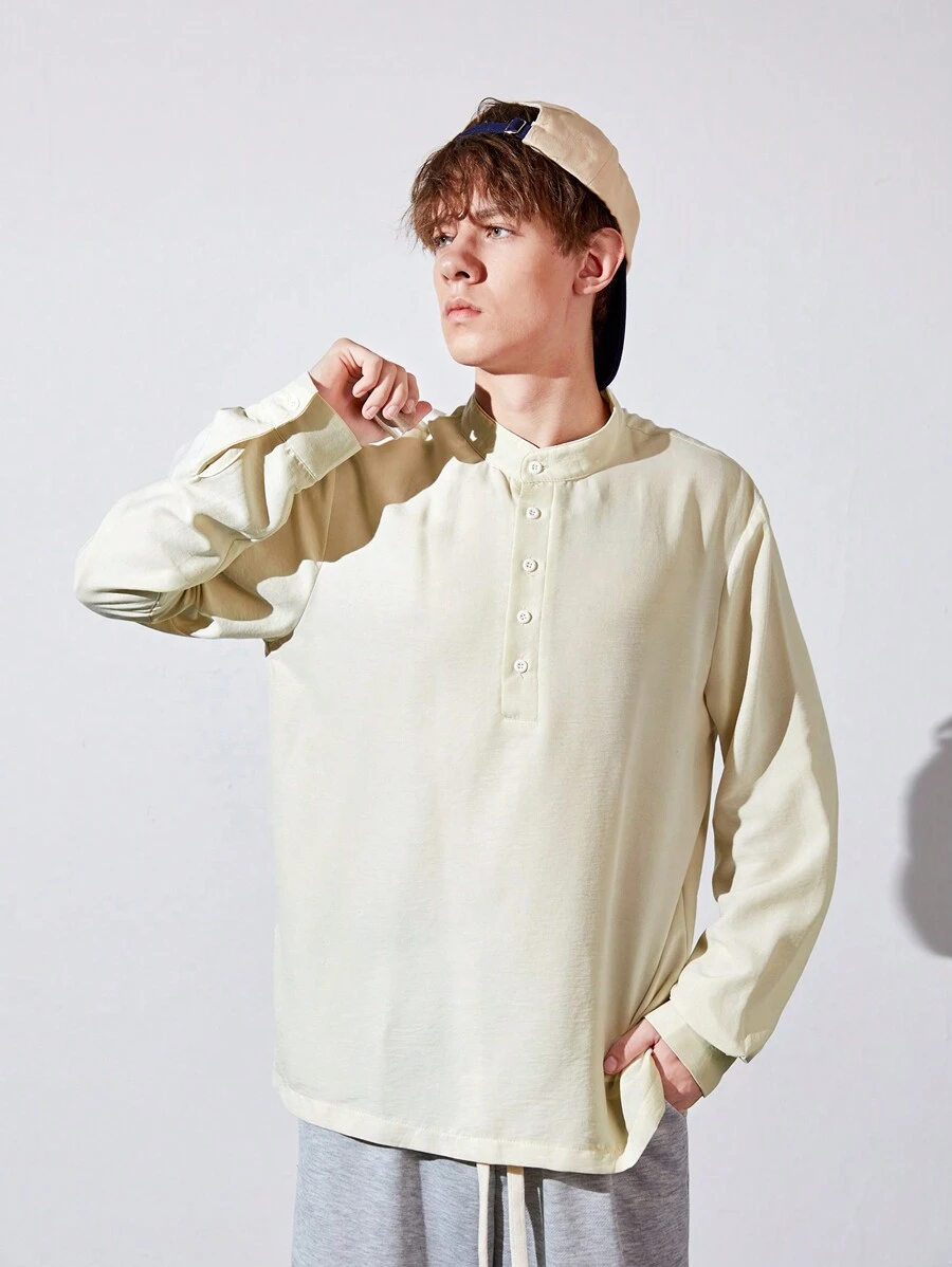 Teenage Boys' Stand Collar Button Front Long Sleeve Casual Shirt - White - View 1