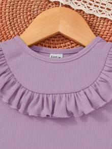 SHEIN 嬰幼女童休閒荷葉邊裝飾長袖上衣 - 紫色 - 查看 4