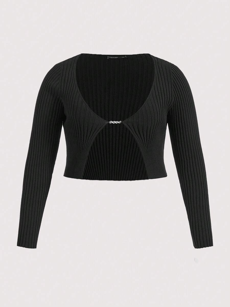 SHEIN ICON Talla grande Jersey crop con diseño de diamante de imitación - Negro - Ver 1