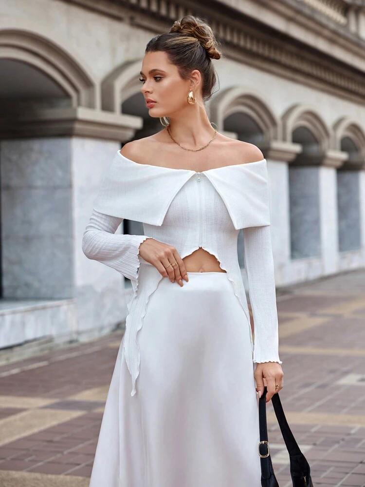 Women'S Off Shoulder Collar Asymmetrical Hem Zipper Placket Top Fall Cloth For Women