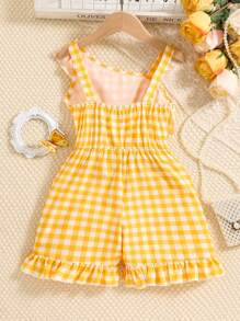 SHEIN Macacão Xadrez Casual E Confortável Para Meninas Pequenas Com Estilo De Férias Para O Verão - Amarelo - Visão 2