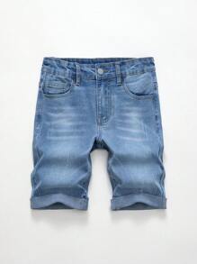 Quần short denim co giãn màu xanh nhạt của Tween Boy có viền cuộn - Rửa nhẹ - Xem 1