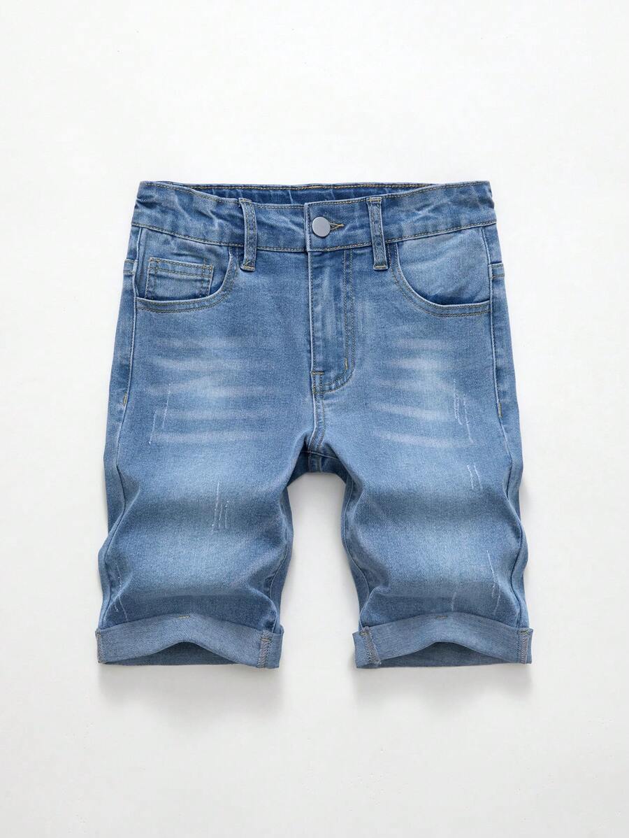Quần short denim co giãn màu xanh nhạt của Tween Boy có viền cuộn - Rửa nhẹ - Xem 1