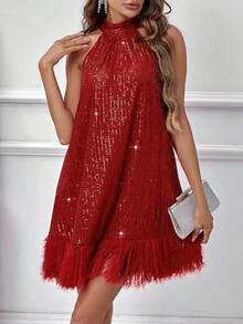 SHEIN Clasi Không tay Vá lại Frayed & Long lanh Halter Neck Đầm - Đỏ - Xem 3