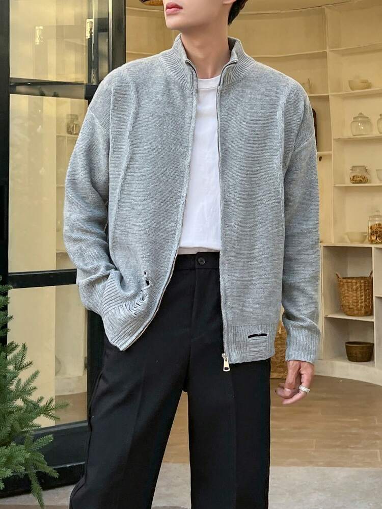 Loose Fit Men's Solid Color Zip-Up Cardigan With Distressed Design