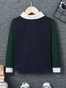 SHEIN 年輕男孩預ppy風格色塊合身polo衫 - 墨綠色 - 查看 2